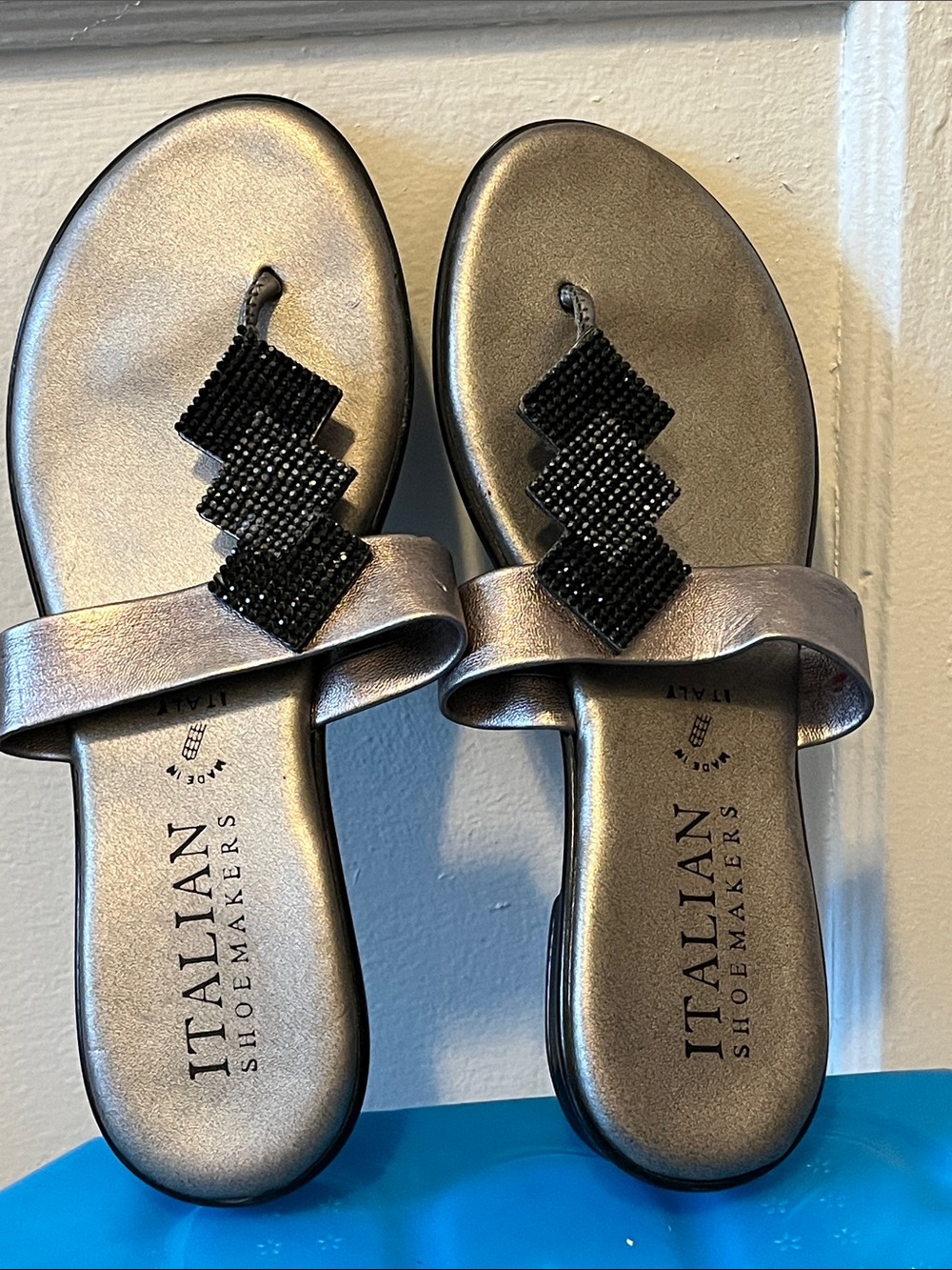 Italian Shoemakers Metallic Pewter Slip-On Sandals with Black Beaded Accent